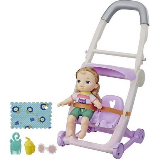 Baby Alive Minik Bebeğim ve Arabası Ana E6703 - E7182 Sarışın Saç Bebeği, Bacak Kick, 6 Aksesuar, 3 Yaş ve Üzeri Çocuklar İçin Oyuncak